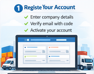 ExusTrans taşıyıcı kayıt formu: şirket ve KDV bilgileri ile e-posta doğrulama/aktivasyon adımı